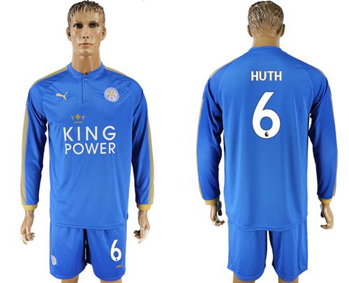 Leicester City #6 Huth Home Long Sleeves Soccer Club Jersey